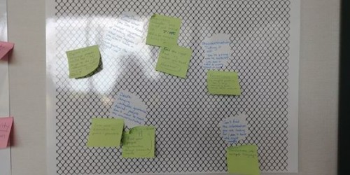 In the net exercise, each table wrote out barriers in the blank spaces or ‘holes’, and then ‘patched’ them with sticky-note strategies.